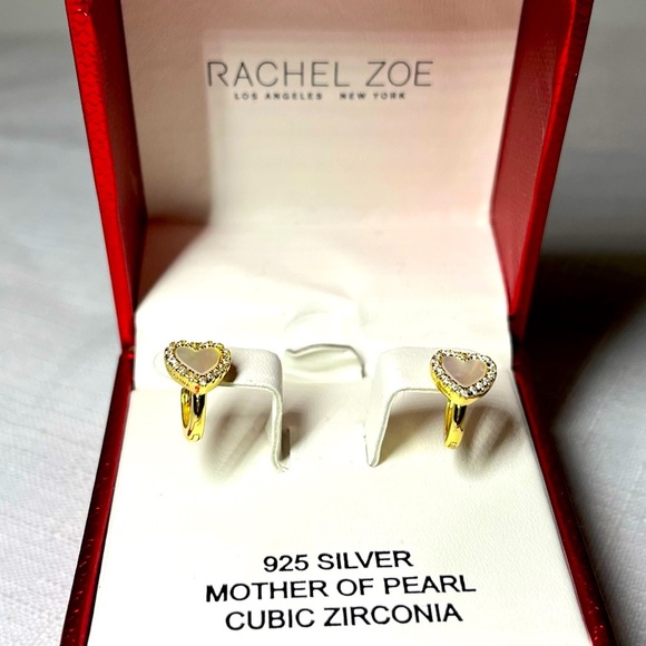 New Rachel Zoe Mini Gold Heart Hoop Earrings. 925 silver. Mother of Pearl. - Picture 1 of 6